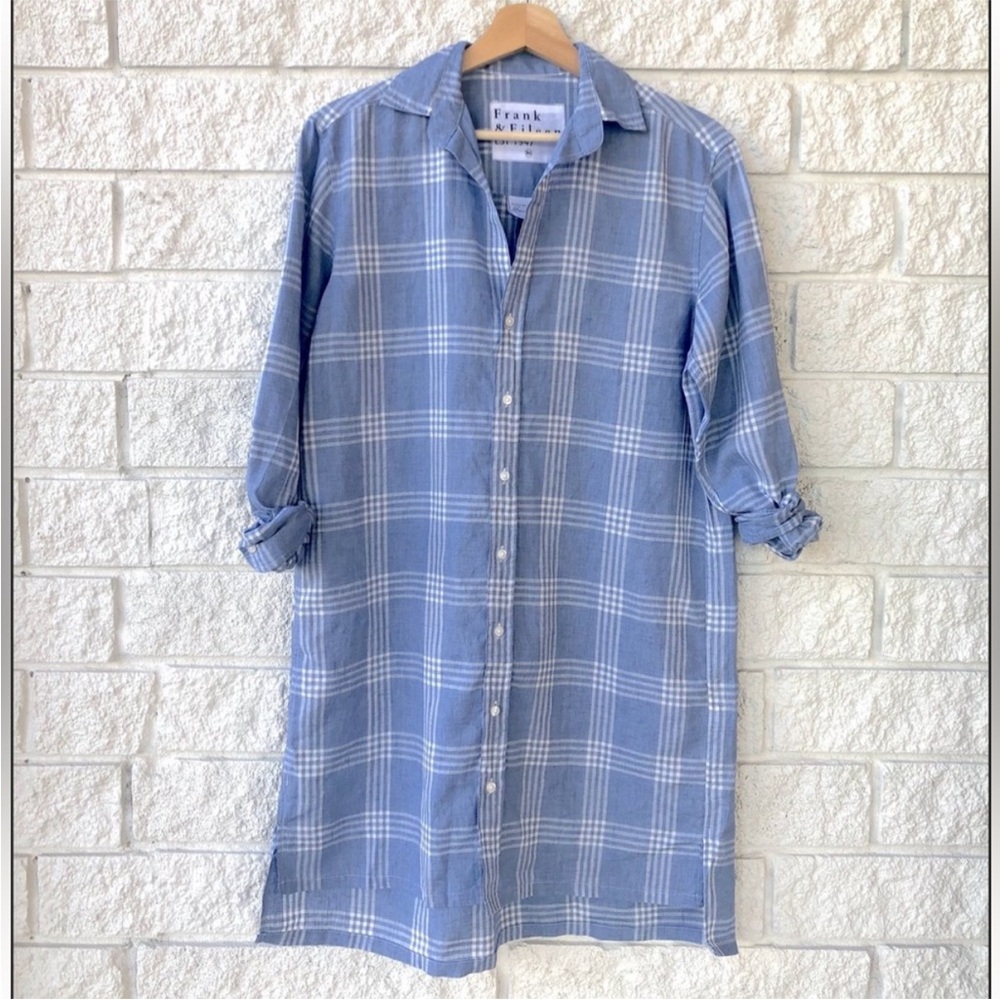 NWOT Frank & Eileen Hunter Italian Weave Linen Blend Classic Plaid Shirt Dress M - Picture 3 of 5